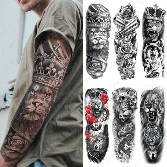 BlackPluss - Large Arm Sleeve Tattoo Lion Crown King Rose Waterproof