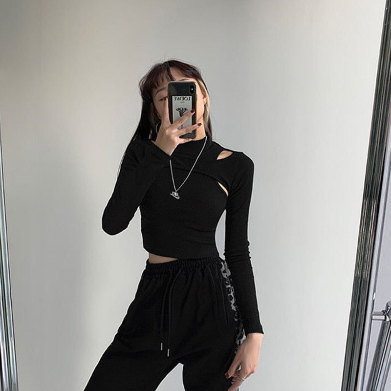 BlackPluss - Crop Tops Women's New Fake Two-piece T-shirt Black White Long Sleeve Tops