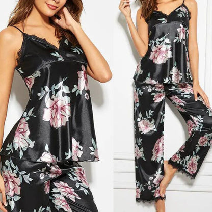 BlackPluss - Sleeveless Black Lace Floral Nightwear Pyjamas Sets.