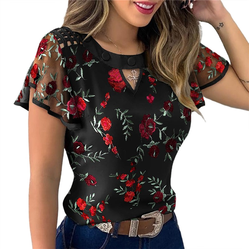 BlackPluss - Women Ladies Ruffle Sleeve Tops Pullover Dot Polk Embroidery Floral.