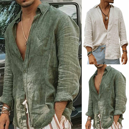 BlackPluss - Men Casual Cotton Linen ShirtsStanding Collar Male Solid Color Long Sleeves.