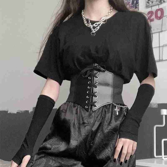 BlackPluss - 1Pcs Gothic Dark Lace Up Female Waist Corset Belt Wide PU Leather Belt.