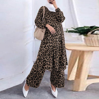 BlackPluss - Leopard Printed Casual Loose Muslim Sets Women Full Sleeve