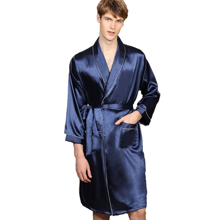 BlackPluss - Single Nightgown Navy Blue Satin Bathrobe Kimono Gown Long Sleeve