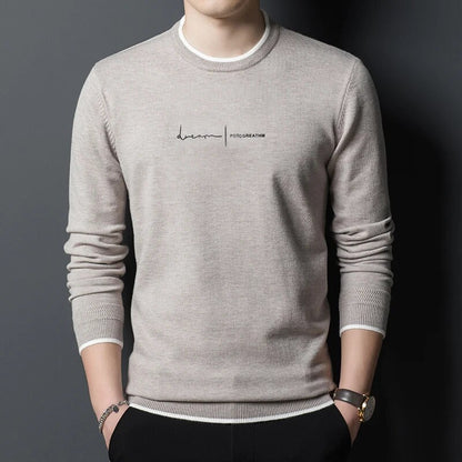 BlackPluss| Knit Pullover Sweater Men Crew Letter Printed Slim Fit Autum Winter Navy Casual Jumper