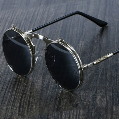 BlackPluss - Flip Round Sunglasses Man Metal Steampunk Style