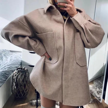 BlackPluss - Casual Woman Camel Loose Pocket Woolen Shirt Fashion Ladies Autumn Long Sleeve Thick Blouse Coat Female Long Outwear