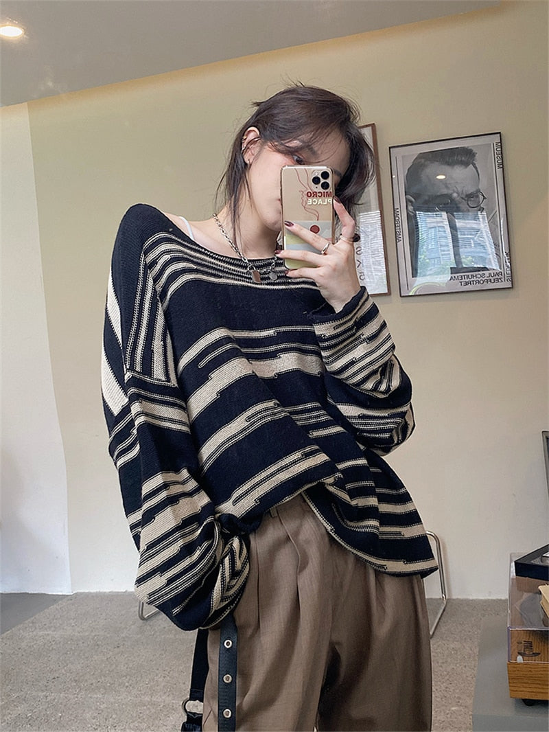 BlackPluss - Women Punk Gothic Striped Long Sleeve Loose Patchwork