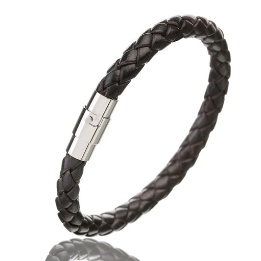 BlackPluss - Genuine Leather Bracelet Men Stainless Steel Magnetic Clasp.