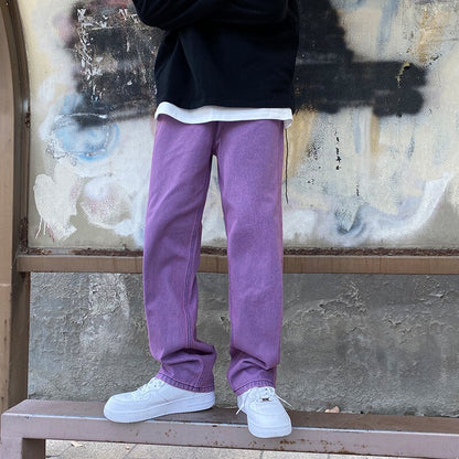 BlackPluss - Japanese Men Jeans Fashion Purple Green Loose Straight Vintage Casual.