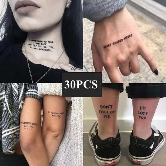 BlackPluss - 30PCS Waterproof Temporary Tattoo Sticker Black Devil Doesn't Sleep English Letters Flash Tatoo Fake Tatto Neck Wrist For Woman