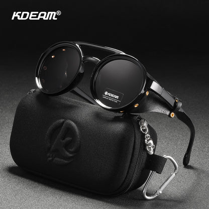 BlackPluss -  Vintage Round Sunglasses Men Leather Shield Sun Glasses