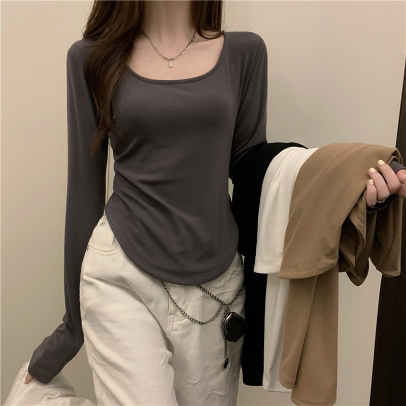 BlackPluss - Women Long Sleeve Square Neck T-Shirt Spring And Autumn.