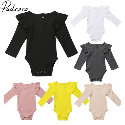 BlackPluss - Causal Bodysuits Ruffles Long Sleeve Solid Warm Jumpsuits Outfit 0-24M