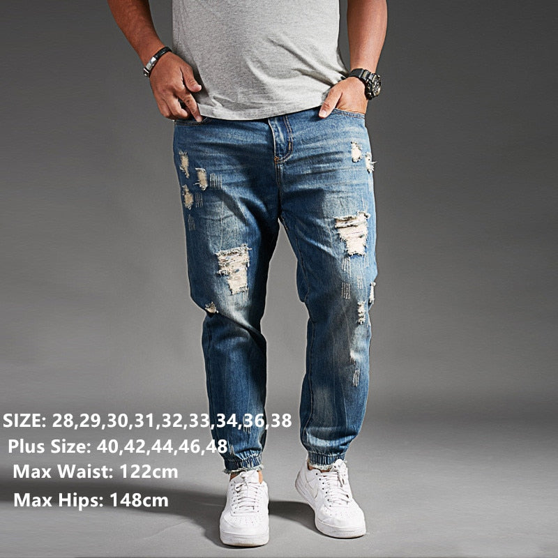 BlackPluss - Ripped Jeans For Men Blue Black Denim Mens Jean Hip Hop Plus Size Trousers.