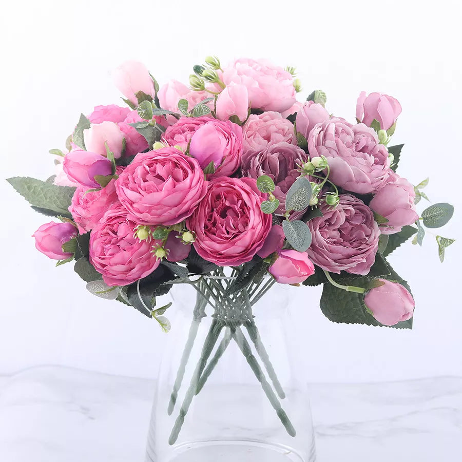 BlackPluss - 30cm Rose Pink Silk Peony Artificial Flowers Bouquet 5 Big Head and 4 Bud Cheap Fake Flowers for Home Wedding Decoration indoor