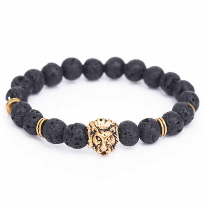 BlackPluss - Lion Head Buddha Bead Bracelet Black Lava Stone Beads.