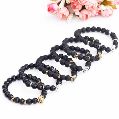 BlackPluss - Lion Head Buddha Bead Bracelet Black Lava Stone Beads.