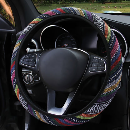 BlackPluss - Linen Universal Elastic Car Steering Wheel Cover Ethnic Style Car Accessories.