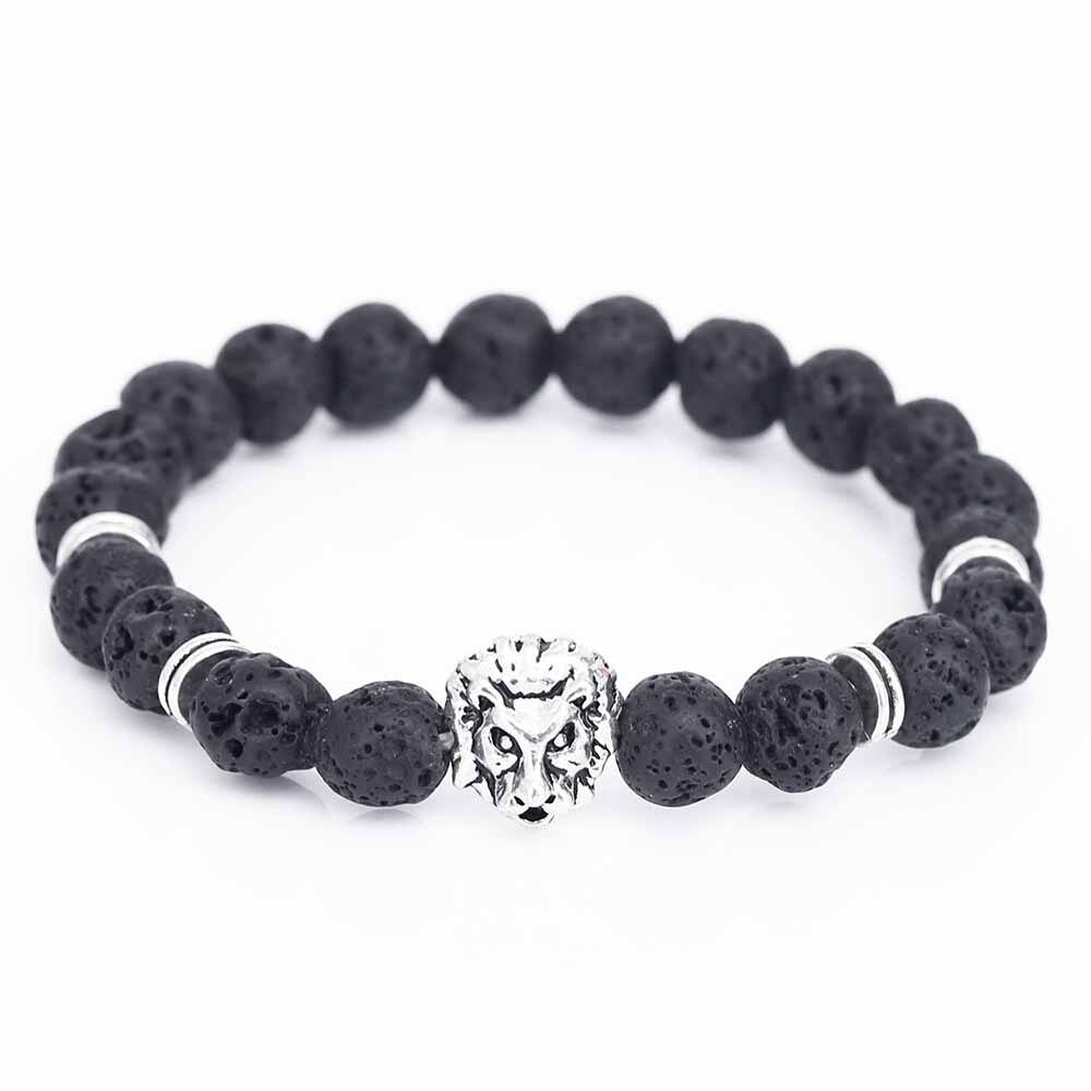 BlackPluss - Lion Head Buddha Bead Bracelet Black Lava Stone Beads.