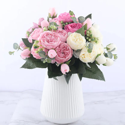 BlackPluss - 30cm Rose Pink Silk Peony Artificial Flowers Bouquet 5 Big Head and 4 Bud Cheap Fake Flowers for Home Wedding Decoration indoor