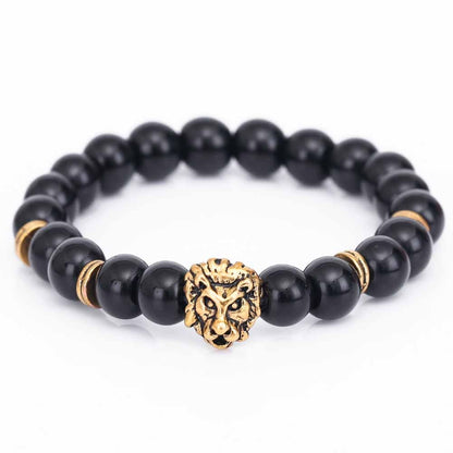 BlackPluss - Lion Head Buddha Bead Bracelet Black Lava Stone Beads.