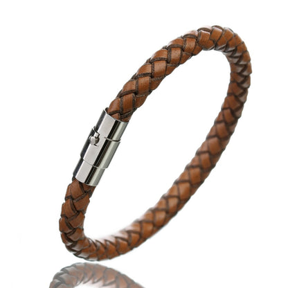 BlackPluss - Genuine Leather Bracelet Men Stainless Steel Magnetic Clasp.