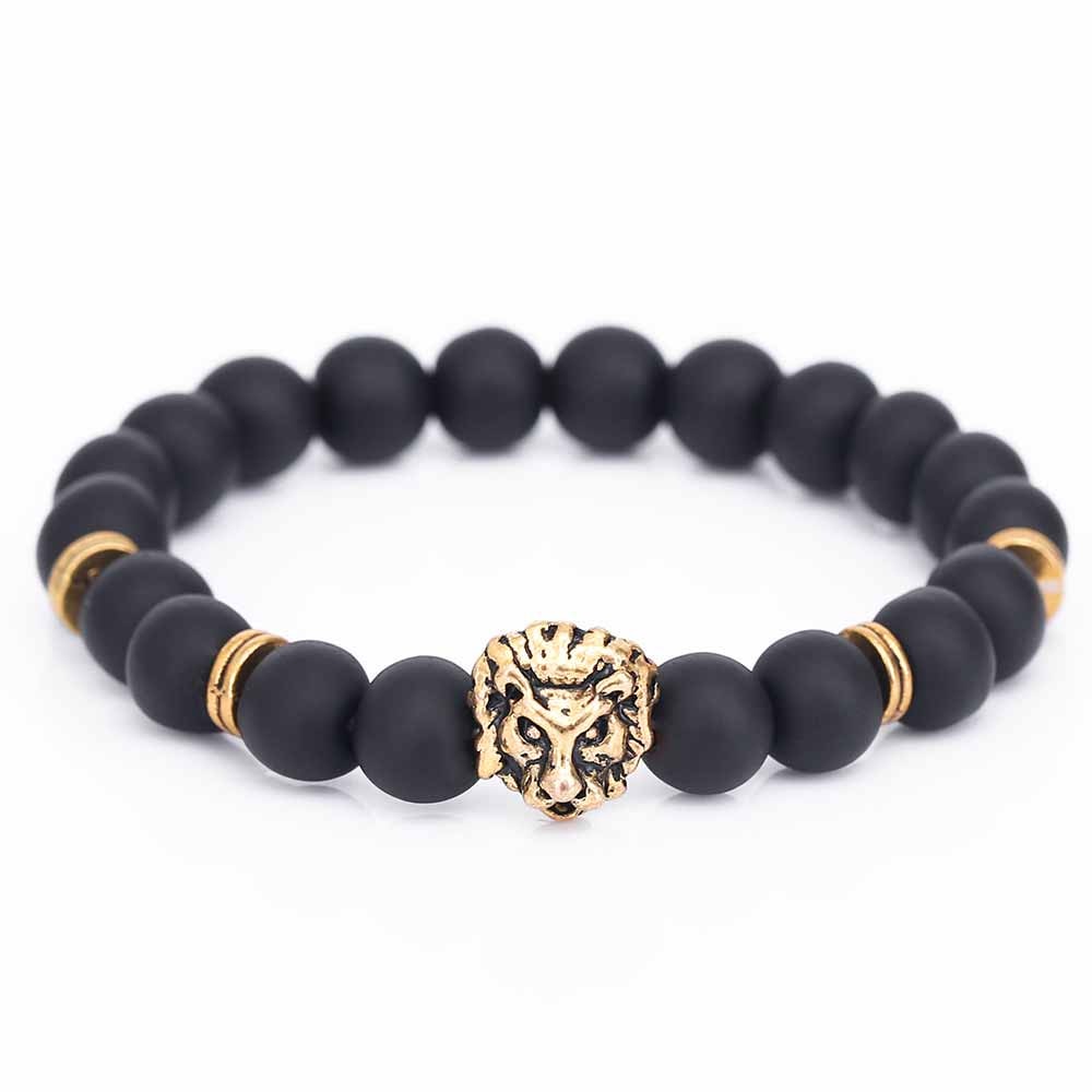 BlackPluss - Lion Head Buddha Bead Bracelet Black Lava Stone Beads.