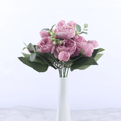 BlackPluss - 30cm Rose Pink Silk Peony Artificial Flowers Bouquet 5 Big Head and 4 Bud Cheap Fake Flowers for Home Wedding Decoration indoor