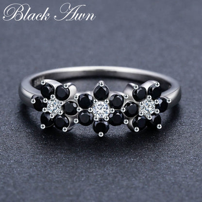 BlackPluss - Silver Color Jewelry Flower Bague Black Spinel Wedding Rings.