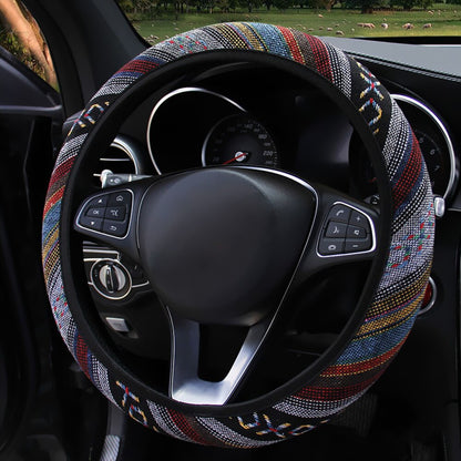 BlackPluss - Linen Universal Elastic Car Steering Wheel Cover Ethnic Style Car Accessories.