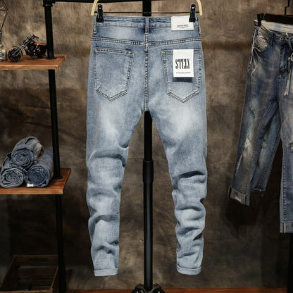 BlackPluss - Ripped Jeans Men Skinny Light Blue High Street Style Male Jeans.