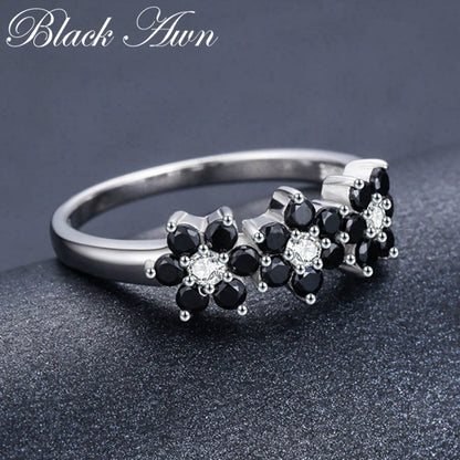 BlackPluss - Silver Color Jewelry Flower Bague Black Spinel Wedding Rings.