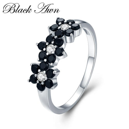 BlackPluss - Silver Color Jewelry Flower Bague Black Spinel Wedding Rings.