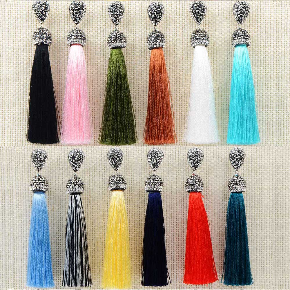 BlackPluss - 12Colors Long Tassel Earrings Handmade Bohemian Unusual Silk Crystal.