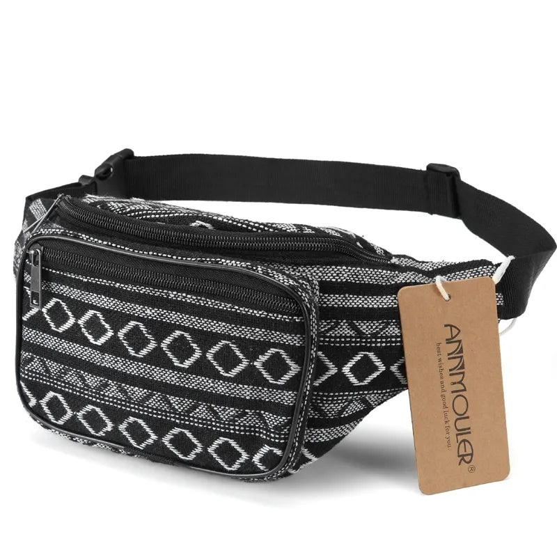 BlackPluss -Fashion Women Waist Packs 6 Colors Fabric Fanny Pack Double Zipper Chest Bag Bohemian Style Tribal Phone Belt Bag