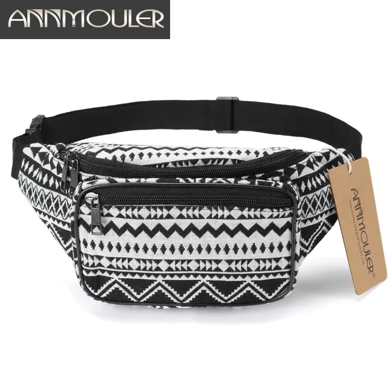 BlackPluss -Fashion Women Waist Packs 6 Colors Fabric Fanny Pack Double Zipper Chest Bag Bohemian Style Tribal Phone Belt Bag