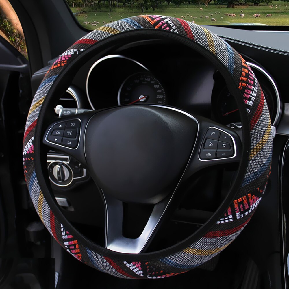 BlackPluss - Linen Universal Elastic Car Steering Wheel Cover Ethnic Style Car Accessories.