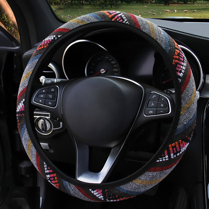 BlackPluss - Linen Universal Elastic Car Steering Wheel Cover Ethnic Style Car Accessories.