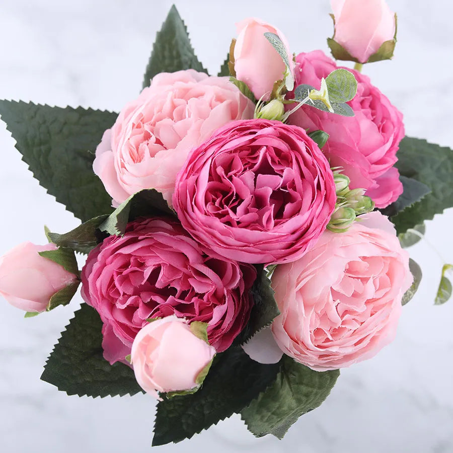 BlackPluss - 30cm Rose Pink Silk Peony Artificial Flowers Bouquet 5 Big Head and 4 Bud Cheap Fake Flowers for Home Wedding Decoration indoor