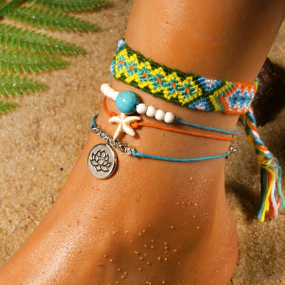 BlackPluss - Handmade Weave Bobo Lotus Anklet Set Fashion Starfish 4 Pieces Bohemian.