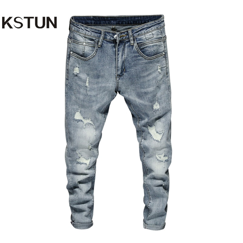 BlackPluss - Ripped Jeans Men Skinny Light Blue High Street Style Male Jeans.