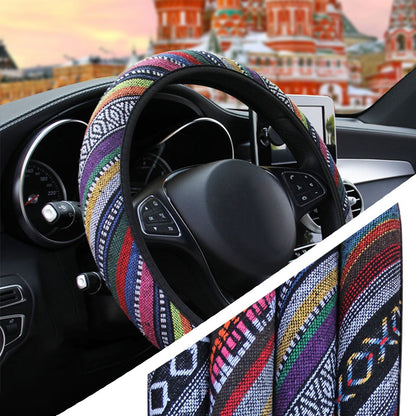 BlackPluss - Linen Universal Elastic Car Steering Wheel Cover Ethnic Style Car Accessories.