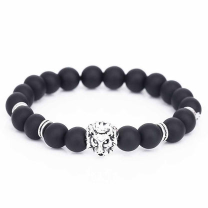 BlackPluss - Lion Head Buddha Bead Bracelet Black Lava Stone Beads.