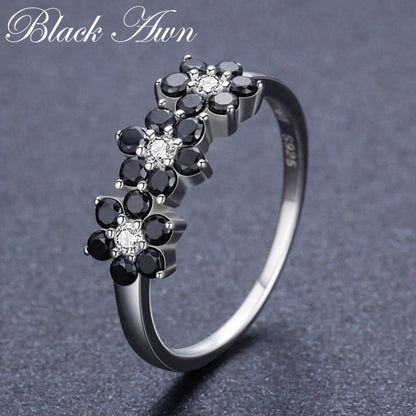 BlackPluss - Silver Color Jewelry Flower Bague Black Spinel Wedding Rings.