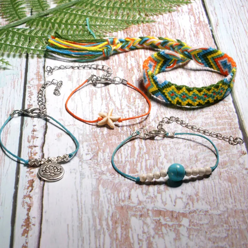 BlackPluss - Handmade Weave Bobo Lotus Anklet Set Fashion Starfish 4 Pieces Bohemian.