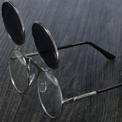 BlackPluss - Flip Round Sunglasses Man Metal Steampunk Style