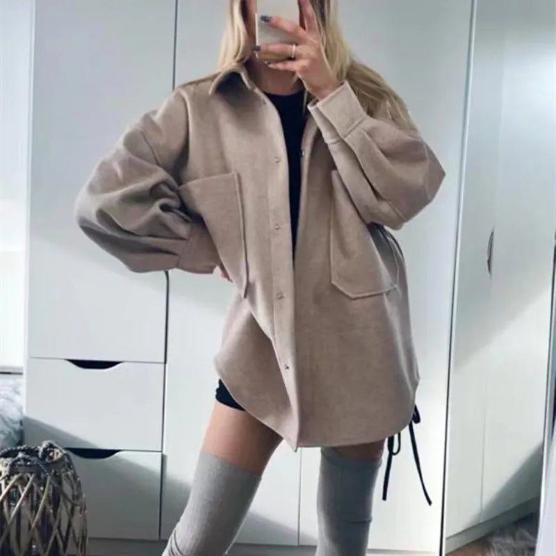 BlackPluss - Casual Woman Camel Loose Pocket Woolen Shirt Fashion Ladies Autumn Long Sleeve Thick Blouse Coat Female Long Outwear