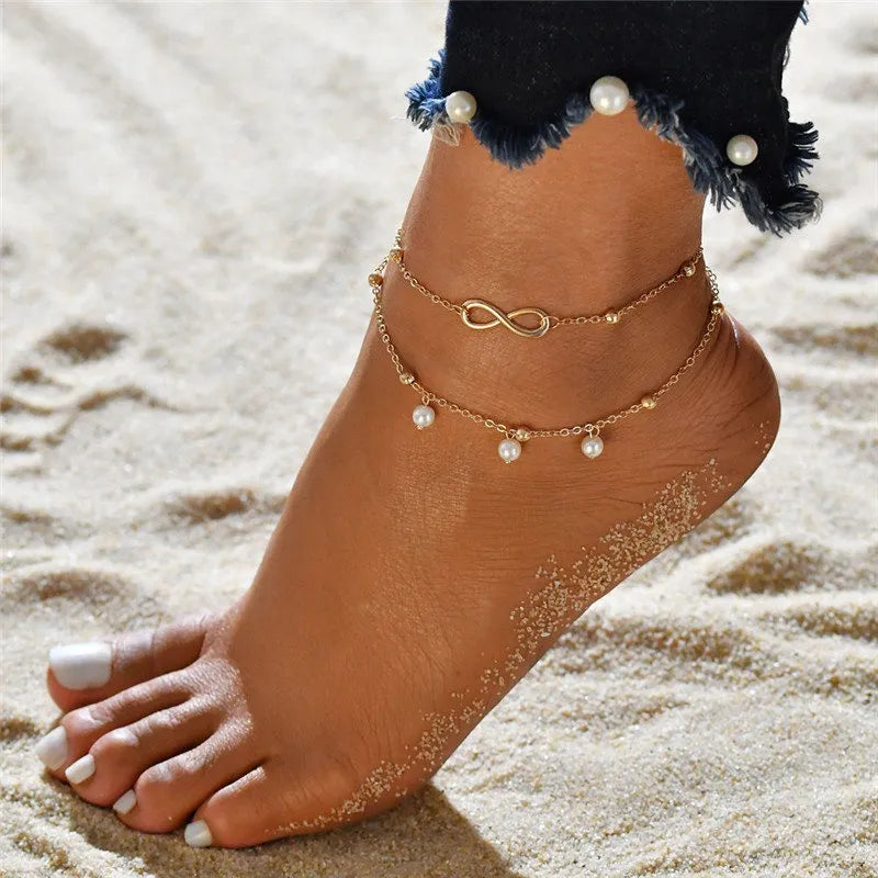 BlackPluss - Retro Pearl Heart Infinity Ankle Anklet Bracelet Set Bohemia