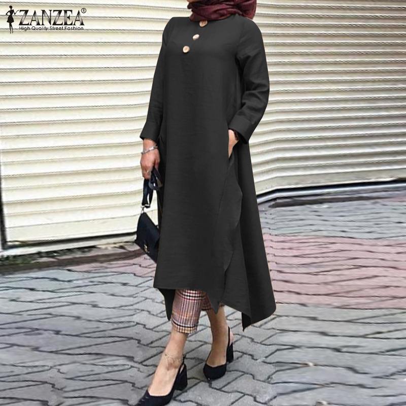 BlackPluss - Vintage Women's Irregular Sundress Abaya Midi Dress Long Sleeve